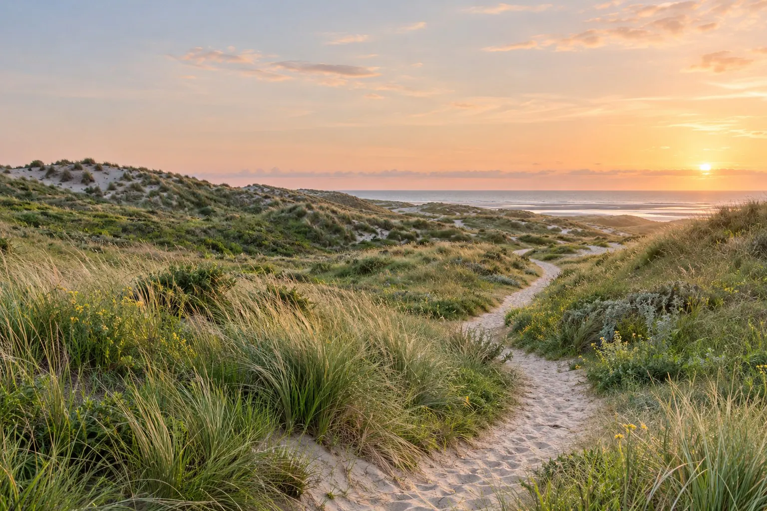 Een slingerend pad door groene duinen in zacht avondlicht